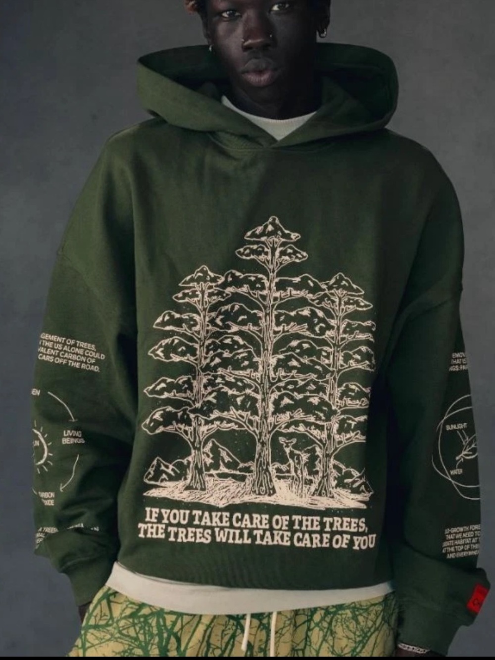 CHNGE Unisex Trees Are The Root Oversized Cuffed Long Sleeve Hoodie, Green, med
